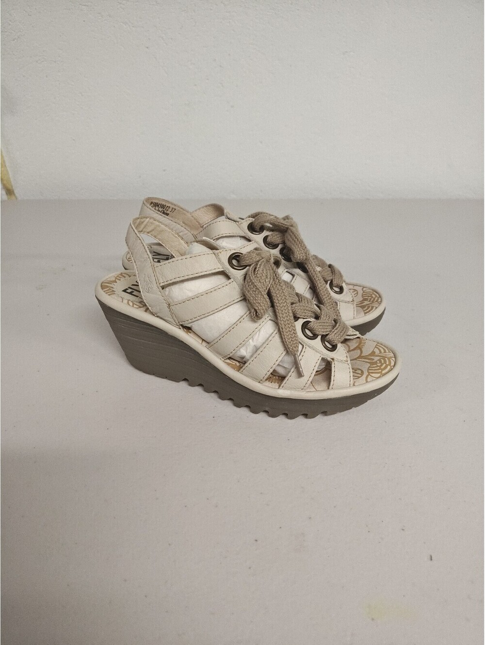 FLY London Women’s Leather Lace Up Wedge Sandals White Cream EU 37